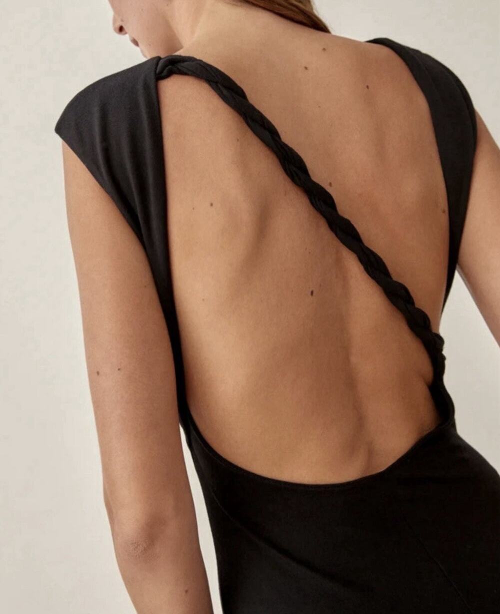 Reformation Black Nili Knit Dress Maxi XL Open Back Rope Detail Stretch